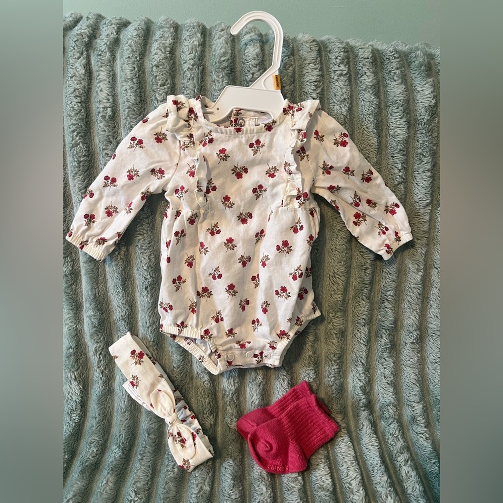 Newborn - Carter's White and Red Floral Baby Romper with headband & socks
